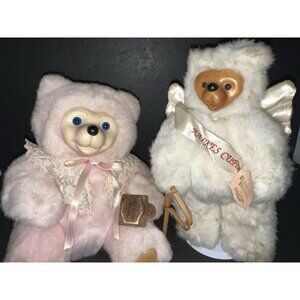 2 Robert Raikes Wood Heart Shape Face Bear Cameo Pink Cupid White w/ Tags Love